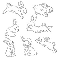 Wall Mural - Cute cartoon rabbits outline set. Coloring book