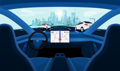 Wall Mural - Autonomous smart driverless electric car self-driving on road to city. Vehicle autopilot scanning distance with radar, cameras, sensor. Viewed from the car interior dashboard display. Vector concept.