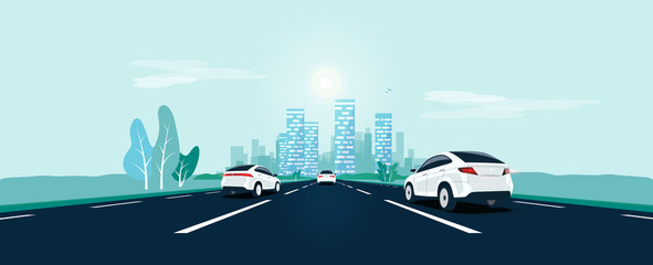 Wall Mural - Traffic on the highway panoramic perspective horizon vanishing point view. Flat vector cartoon style illustration urban landscape street with cars, skyline city buildings and road going to the city.