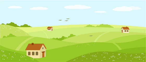 summer nature, landscape and village houses. field, green hills, blue sky with clouds, meadow with f