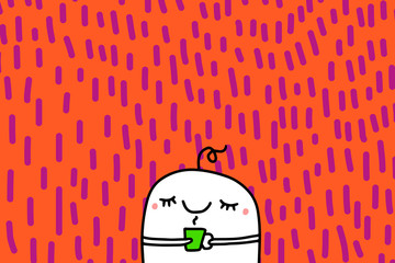 Leinwandbilder - Cute cartoon man holding cup of hot coffee hand drawn vector illustrationon orange textured background