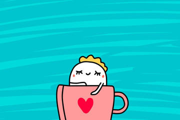 Leinwandbilder - Cute cartoon man sitting in big cup of hot coffee hand drawn vector illustration on textured blue background