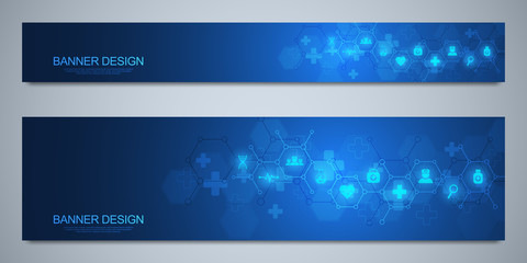 Wall Mural - banners design template for healthcare and medical decoration with flat icons and symbols. science, 