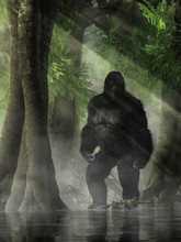 Covered In Dark Hair, The Skunk Ape Has Many Names. It's A Bigfoot Like Creature Of Legend In The Southeastern U.S. Said To Inhabit Swamps And Marshes.  3D Rendering