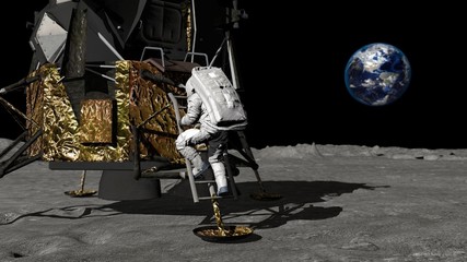Wall Mural - 3d rendering. astronaut descends the stairs of the apollo spacecraft. cg animation. elements of this
