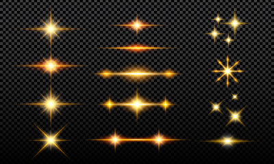 Poster - Collection of luminous glitter effects that are isolated with a dark background. Lights, stars that shine isolated from a transparent black background.