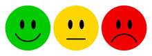 Vector Illustration Of Facial Expressions - Smiley Icon Set. Emoticons Positive, Neutral And Negative (red, Yellow And Green Different Moods). Rating Smile For Customer Opinion.