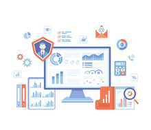 Business Data Reporting, Consulting, Analytics, Credit report, Accounting. Graphs and charts on the monitor screen, documents, folders. Business banner. Vector illustration on white background.