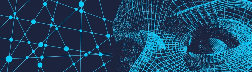 Young woman face from a 3d grid. Wire frame model. Polygonal geometric design. Molecule and communication background. Connected lines with dots.