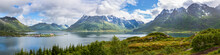 Panoramic Image Of The Austnesfjord With Sildpollnes To The Left, In The Middle The Geitgaljartind Mountain, Austvågøya Island, Lofoten Islands, Norway
