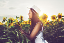 Woman Enjoys In Sunflower Field 