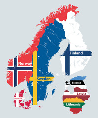 Wall Mural - scandinavia and baltic countries political detailed map mixed with national flags. vector illustrati