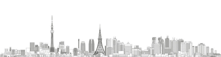 Fototapete - Tokyo cityscape line art style vector detailed illustration. Travel background 