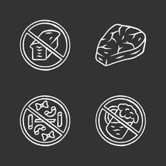 Wall Mural - No gluten diet chalk icons set. Zero carbs, carnivore eating. Alcohol free drink. Pastry products refuse signs. Macaroni, bread loaf, meat steak isolated vector chalkboard illustrations