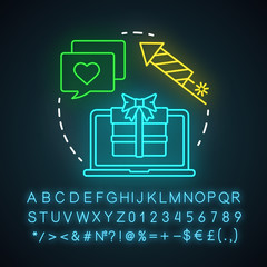 Poster - Holiday promotions neon light icon. Seasonal promotional opportunities. Email marketing. Referral bonuses, special offers. Glowing sign with alphabet, numbers and symbols. Vector isolated illustration