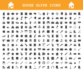 Poster - House glyph icons big set. Plumbing, construction tools. Cleaning service, housework. Real estate, property. Home appliances and furniture. Silhouette symbols. Vector isolated illustration