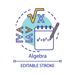 Algebra concept icon. Algebraic equations, more and less sign. Advanced calculations, learning advanced algebra idea thin line illustration. Vector isolated outline drawing. Editable stroke
