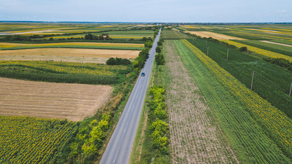  Asphalt road through fields and villages, aerial view