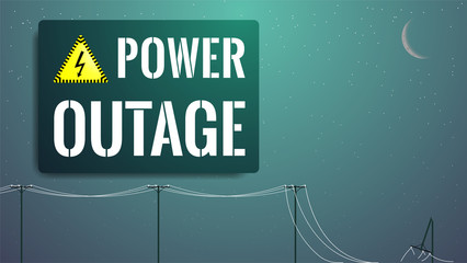 Power outage concept. Blackout illustration. Power line with torn wires and broken utility pole. Text with lightning symbol in yellow triangle. Storm or other disaster effetcts