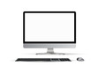 © SergeyBitos - Monitor PC mockup. Trendy realistic thin frame monitor or Pc with mouse and keyboard isolated on white background. 3d realistic gadgets. Layout for web site, presentation, or advertising.