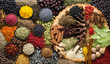 Aromatic herbs and spices background. Seasoning as ingredient for delicious food.