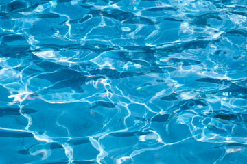 Wall Mural - Blue and bright ripple water surface in swimming pool with sun reflection.