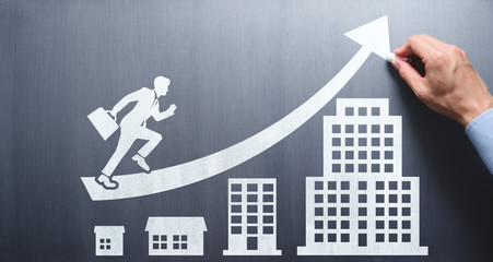 Aufkleber - Business growth and career development plan. Business education. Businessman drawing office building and arrow on chalkboard.