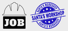 Vector Line Job Helmet Pictogram And Santa'S Workshop Seal Stamp. Blue Round Distress Seal Stamp With Santa'S Workshop Caption. Black Isolated Job Helmet Icon In Line Style.