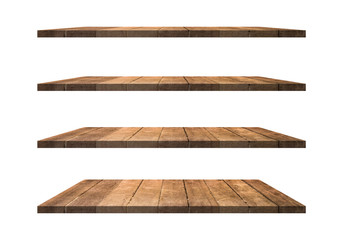 Wall Mural - A collection of brown wooden shelves on a white background that separates the objects. There are Clipping Paths for the designs and decoration