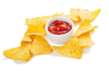 Wall Mural - Corn chips nachos and salsa sauce isolated on white background.