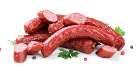 Wall Mural - Smoked sausages with spice and parsley.isolated on white background