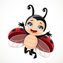 Cute cartoon little ladybug flying on a white background