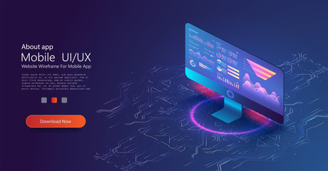 Fototapete - Online statistics and data Analytics.Digital money market, investment, finance and trading. Perfect for web design, banner and presentation. Isometric vector illustration.