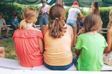 Wall Mural - children friendship concept. meeting of children in the camp.