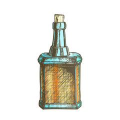 Poster - Design Blank Vintage Whisky Bottle Cork Cap Vector. Ink Drawn Sketch Retro Bottle Of Grain Alcoholic Liquid. Concept Color Glass Container Template Illustration