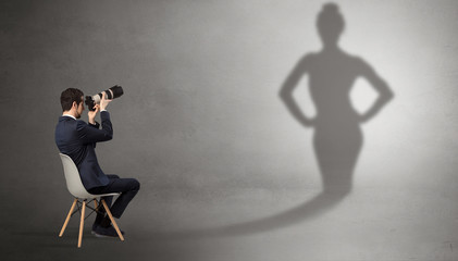 Canvas Print - Rich businessman staying and offering stuffs to a pretty shadow woman