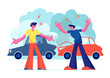 © Pavlo Syvak - Car Accident on Road, Couple of Drivers Male Character Arguing Standing on Roadside at Crashed Automobiles. Insurance Situation, City Dwellers Suffered in Traffic, Cartoon Flat Vector Illustration