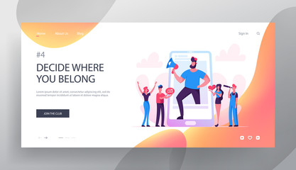 Poster - Blogging, Social Media Networking Website Landing Page, Huge Man with Megaphone Stand at Smartphone Screen, People Watching Broadcasting, Video Post, Web Page. Cartoon Flat Vector Illustration, Banner