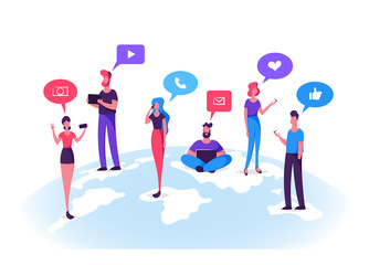 young people characters chatting in social networks. man and woman communicating online with mobile 