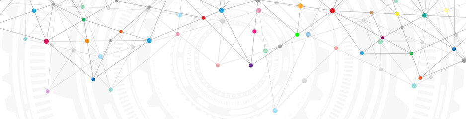 Website header or banner design with abstract geometric background and connecting dots and lines. Global network connection. Digital technology with plexus background and space for your text.