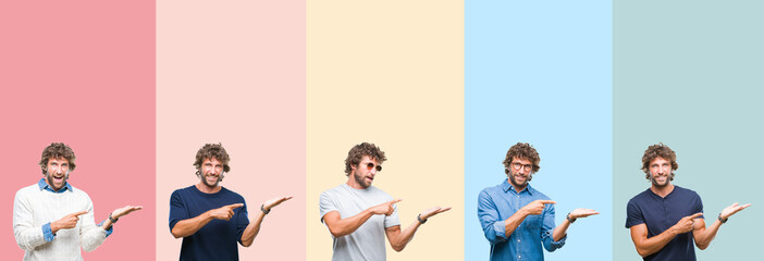 Sticker - Collage of young casual man over colorful stripes isolated background amazed and smiling to the camera while presenting with hand and pointing with finger.