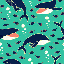 Under Water Seamless Pattern With Whales And Fishes. Cute Simple Style. Blue Background.