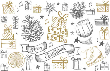 Poster - Merry Christmas and New Year set. Hand drawn illustration. Christmas Doodle collection. 