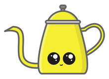 Happy Little Yellow Teapot, Illustration, Vector On White Background.