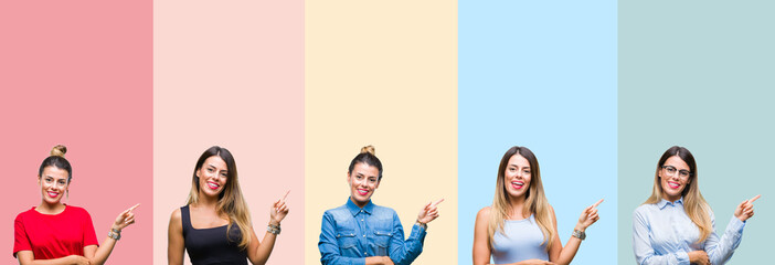 Poster - Collage of young beautiful woman over colorful stripes isolated background with a big smile on face, pointing with hand and finger to the side looking at the camera.