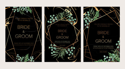 Wall Mural - Luxury Wedding floral invitation, thank you modern card: rosemary, eucalyptus branches wreath on black marble texture with a golden trendy geometric pattern.. All elements are isolated and editable