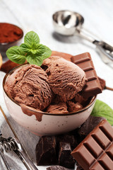 Wall Mural - Chocolate coffee ice cream ball in a bowl. ice cream scoop