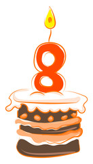 Wall Mural - Birthday cake with number eight, illustration, vector on white background.