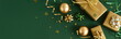 © irenastar - christmas or new year frame decorations in gold colors on dark green color background with empty copy space for text. holiday and celebration concept for postcard or invitation. top view