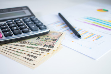 Poster - Calculating yen with 10,000 yen bank, calculator Pen and paper